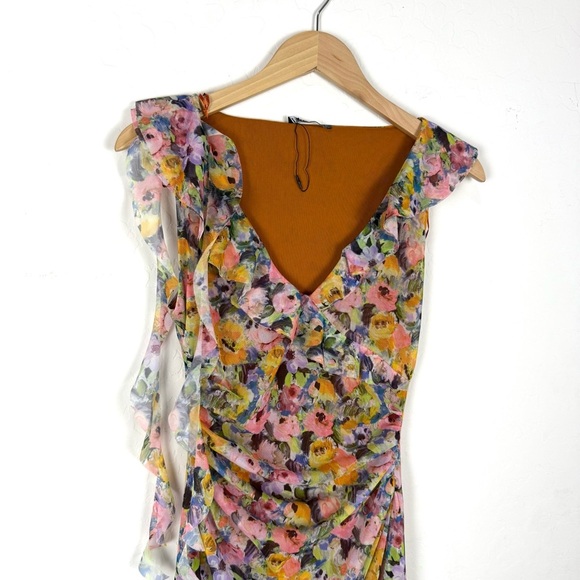 ZARA FLORAL RUCHED Mini Dress Green Multi - Picture 5 of 10